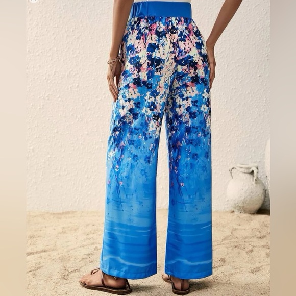 High Waist Blue Wide Leg Straight Summer Pants - Picture 2 of 3